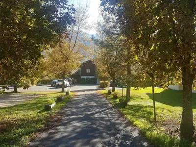 a tree lined road with a house in the background at Appartement RDC 3 pièces avec parking et animaux acceptés - FR-1-629-130 in Samoëns
