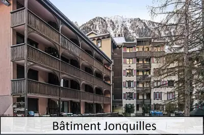 a large building with a mountain in the background at L'Aiguille - maeva Home - 2 Pièces 5 Personnes - Sélection MAE-4175 in Chamonix-Mont-Blanc