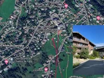 a map of a parking lot with red dots at Superbe appartement avec jardin à Megève, 3 chambres, animaux acceptés - FR-1-569-118 in Megève
