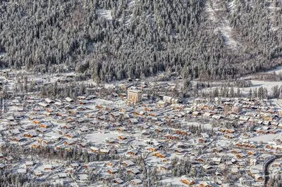 an aerial view of a town in the snow at Apartment Bonatti 202 in Chamonix-Mont-Blanc
