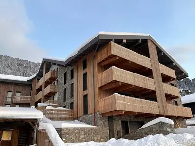 a building with wooden balconies in the snow at Superbe appart 3P au pied des pistes, parking couvert, terrasse, WiFi - Les Carroz - FR-1-572-288 in Arâches-la-Frasse