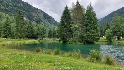 a lake in a field with trees and a mountain at Studio au pied des remontées/wifi/smart TV/parking in Les Contamines-Montjoie