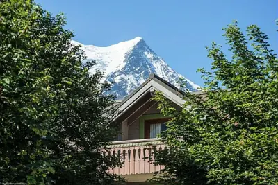 a snow covered mountain behind a house with trees at Résidence La Ginabelle - maeva Home - Appartement 3 pièces 6 personnes - Prestige MAE-7151 in Chamonix-Mont-Blanc