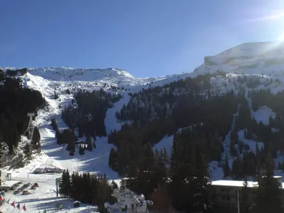 a snow covered mountain with trees and a ski slope at Confortable appartement 3 pièces · Proche des pistes · WIFI · 6 pers - FR-1-425-225 in Arâches-la-Frasse