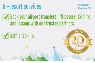 a sign that reads in resort services book your airport transfers lift passes ski line at Le Paradis 27 apartment - Chamonix All Year in Chamonix-Mont-Blanc