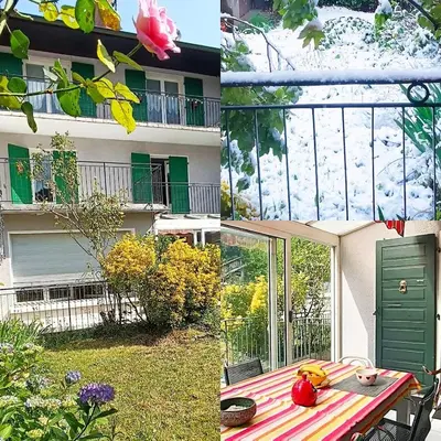 a collage of three pictures of a patio with a table at Maison idéalement située toutes mobilités in Saint-Gervais-les-Bains