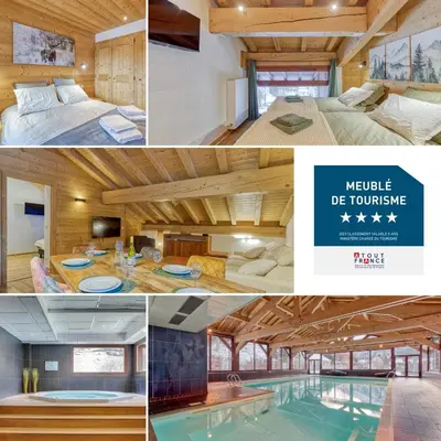 a collage of pictures of a house with a swimming pool at Appartement LE BUET skis aux pieds, piscine & Spa in Vallorcine