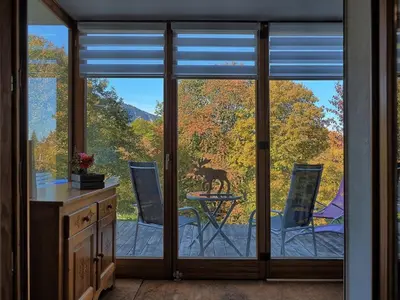 a kitchen with sliding glass doors with a dog on a table at Charmant 2 pièces aux Carroz d'Arâches avec parking et WIFI - 4 personnes - FR-1-836-23 in Arâches-la-Frasse
