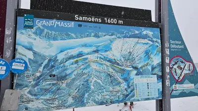 a large sign for a ski resort with a snow covered mountain at Chalet Vaclav in Sixt