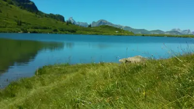 a view of a lake with grass and a mountain at Demi-Chalet Le Bief --Prox pistes in Les Carroz d'Araches