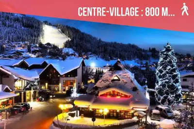 a poster for a ski resort with a christmas tree at RED APPLE CARROZ Duplex de charme WIFI Parking Balcon TV Ski-Bus in Les Carroz d'Araches
