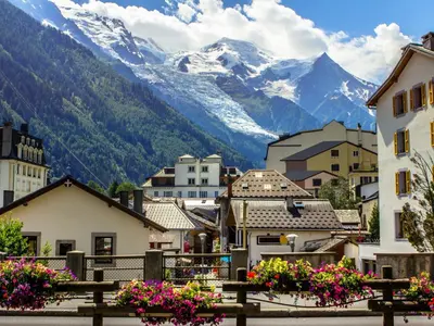 a view of a town with mountains in the background at Apartment Les Capucins by Interhome in Chamonix-Mont-Blanc