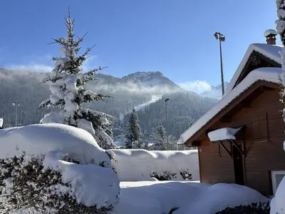 a house covered in snow with trees and mountains at 4 pièces spacieux bien équipé avec Wi-Fi et parking, au pied du ski bus - FR-1-572-241 in Les Carroz d'Araches