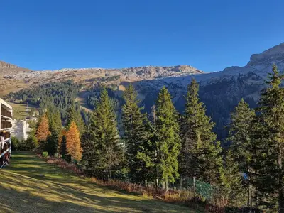 a hillside with trees and mountains in the background at Appartement lumineux 8 pers · Balcon · Parking en option - FR-1-425-131 in Flaine