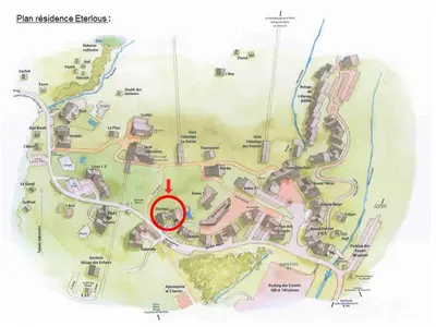 a map of a park with a red circle at Appartement 1 Chambre, Coin Montagne, Vue Pistes, 4 Pers - FR-1-642-64 in Morillon