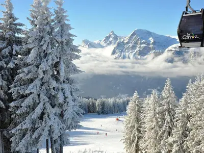 a snow covered tree on a ski slope with a ski lift at Charmant 2P avec balcon, 5 couchages, pieds des pistes, proche télécabine et centre village - FR-1-572-171 in Arâches-la-Frasse