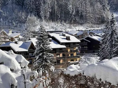 a town covered in snow with trees and buildings at Studio 4 pers au pied des pistes, balcon, casier à skis, TV - FR-1-572-178 in Arâches-la-Frasse