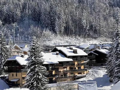 a building covered in snow with snow covered trees at Studio 4 pers au pied des pistes, balcon, casier à skis, TV - FR-1-572-178 in Arâches-la-Frasse