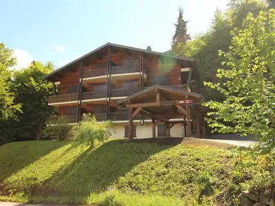 a large wooden house on a hill with trees at Studio 4 pers, rénove, lave-vaisselle, parking, pied des pistes - FR-1-572-197 in Arâches-la-Frasse