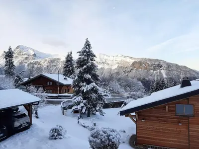 a cabin in the snow with a christmas tree at Studio 4 pers, rénove, lave-vaisselle, parking, pied des pistes - FR-1-572-197 in Arâches-la-Frasse