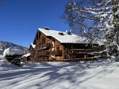 a large wooden building in the snow with snow at Studio spacieux 4 pers avec garage, lave-vaisselle aux Carroz - FR-1-572-159 in Arâches-la-Frasse