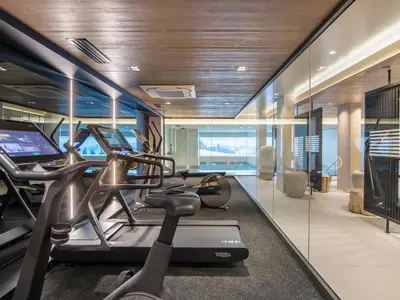 a gym with two ellipticals and a treadmill at Appartement cosy à Rochebrune, piscine et parking - FR-1-569-58 in Megève
